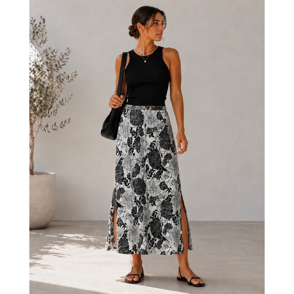 Hot Cotton XL Maxi Skirt 100% Linen Black White Floral Botanical Side Slit Boho
